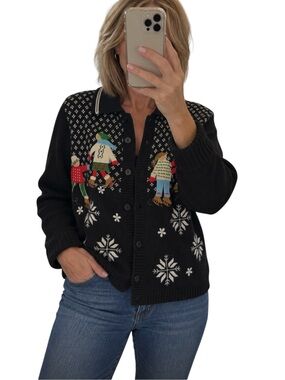 Vintage Reference Point holiday cardigan sweater with embroidered ice skaters
